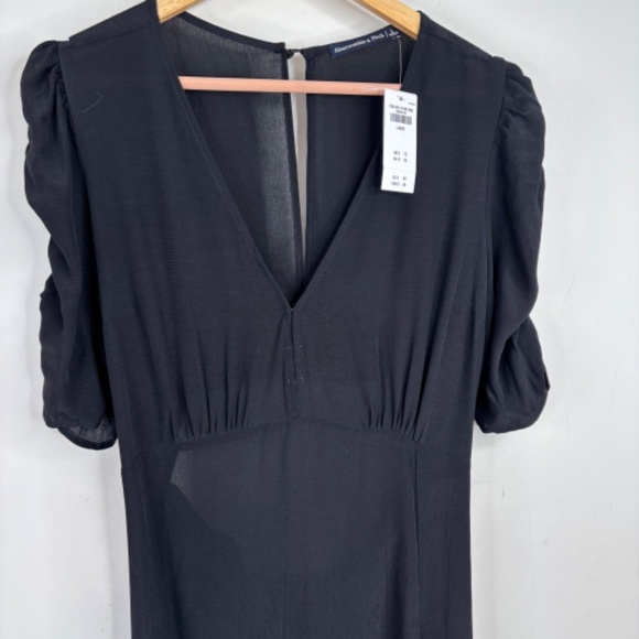 NWT Abercrombie Cinch Sleeve Cut Out Midi Dress L Black LBD Wedding Holiday Chic - Picture 4 of 15
